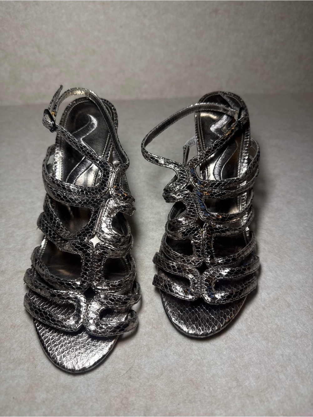 Nina Metallic Silver Snakeskin Strappy High Stiletto High Heels Size US 7M